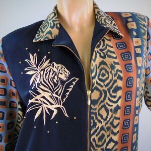 REGAL Vintage Zip Up Top Cheetah Embroidery